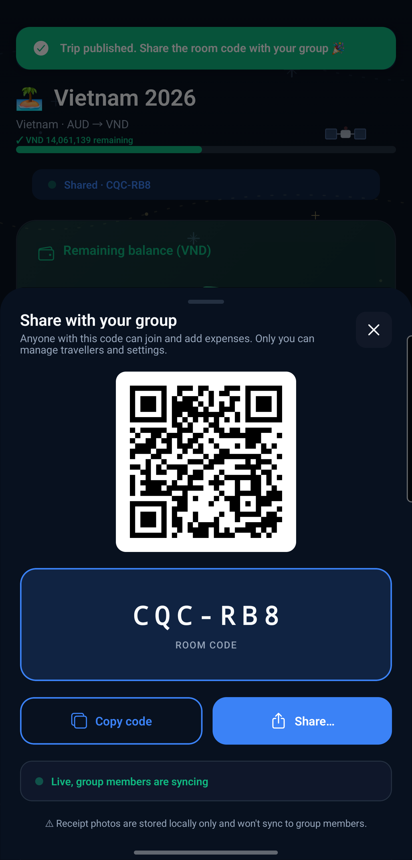 Share and sync — one code and the whole group joins and syncs live